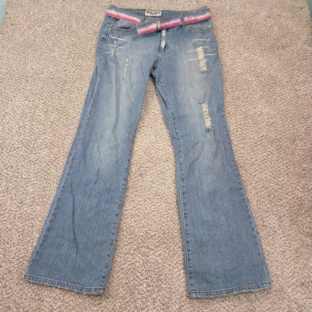 VTG Y2K Mid Rise Flare Jeans Distressed Paint Splatter 12 Blue Bisou Bisou Belt‎